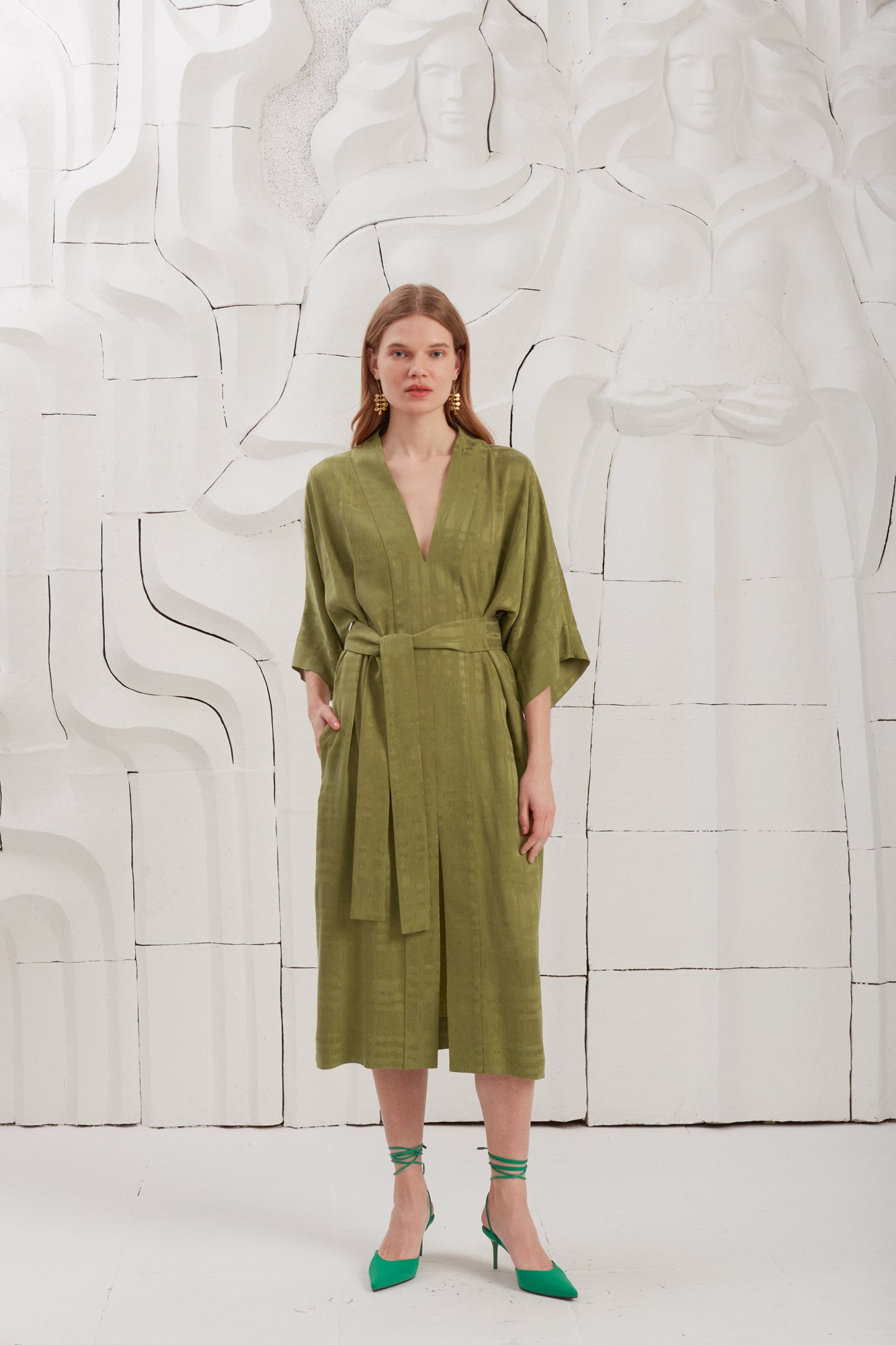 PALOMA Olive Green Cupro Fabric Kimono Midi Dress