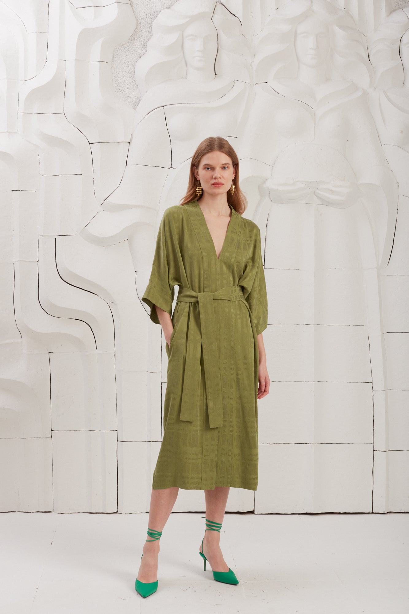 PALOMA Olive Green Cupro Fabric Kimono Midi Dress