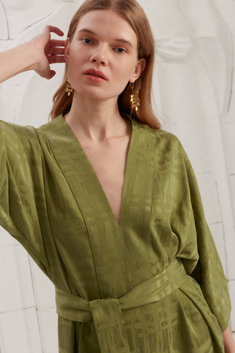PALOMA Olive Green Cupro Fabric Kimono Midi Dress