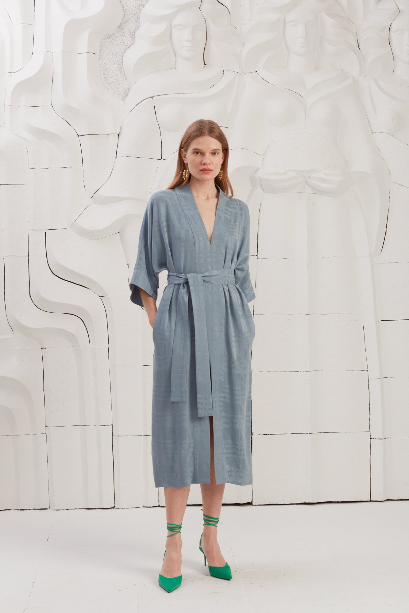 PALOMA Stone Blue Cupro Fabric Kimono Midi Dress