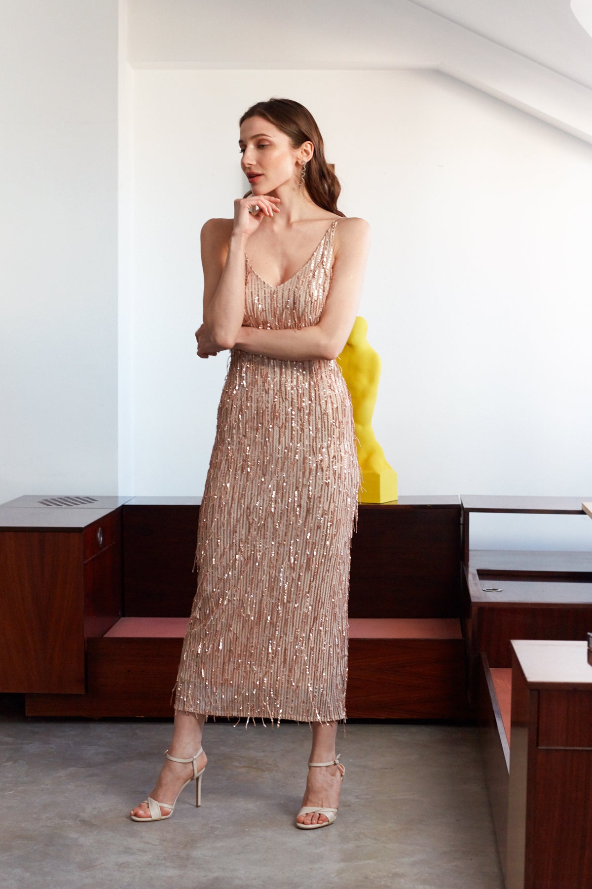 PAMELA Pastel Peach Sequin Fringe Midi Slip Dress