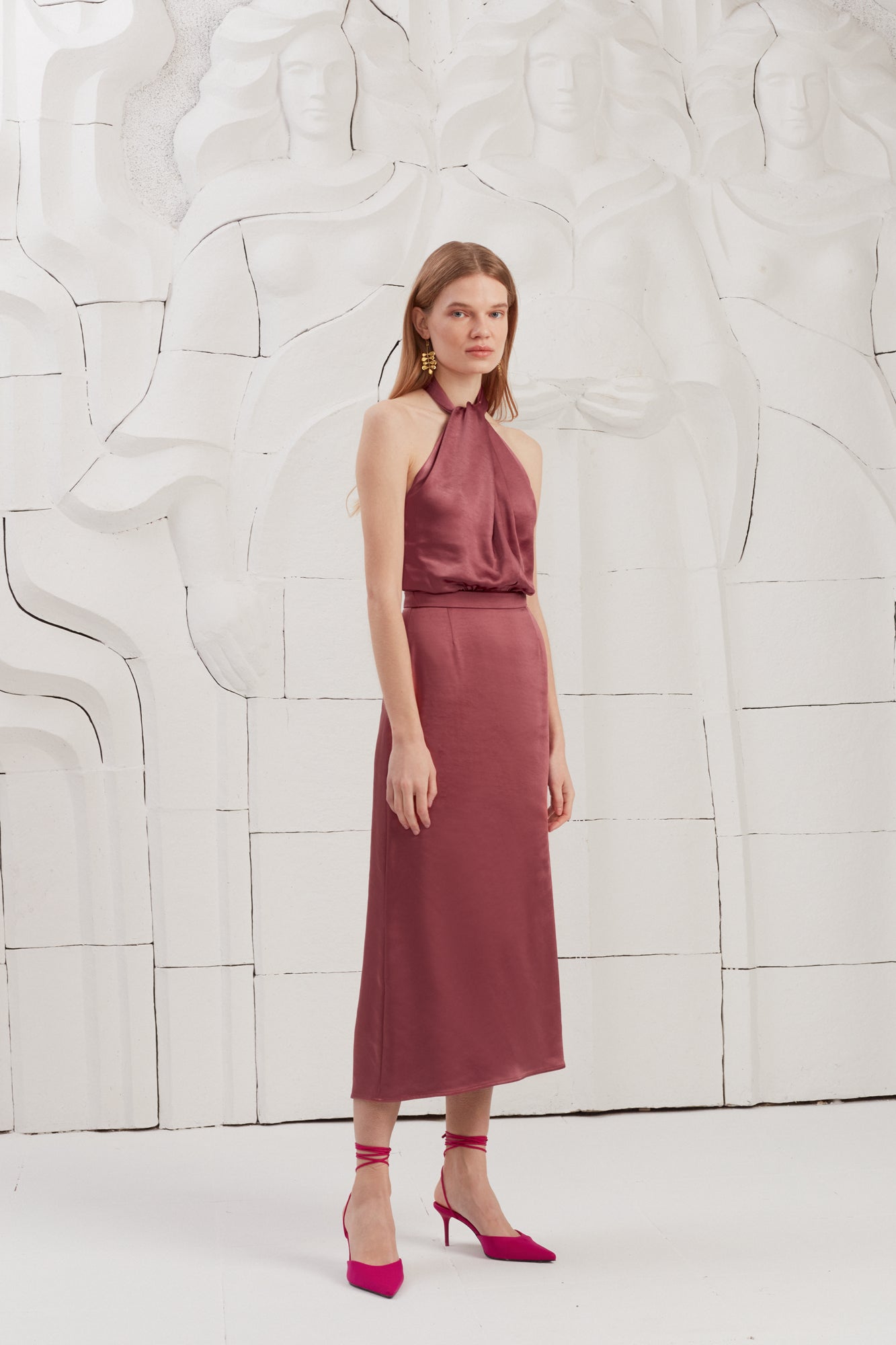 X Neckline Fire Brick Satin Midi Dress