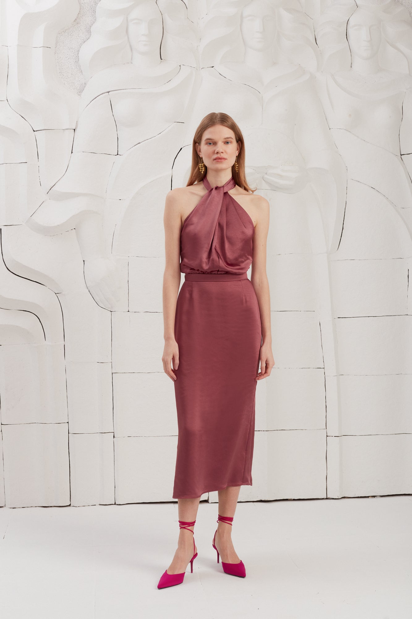 X Neckline Brick Satin Midi Dress PAULA