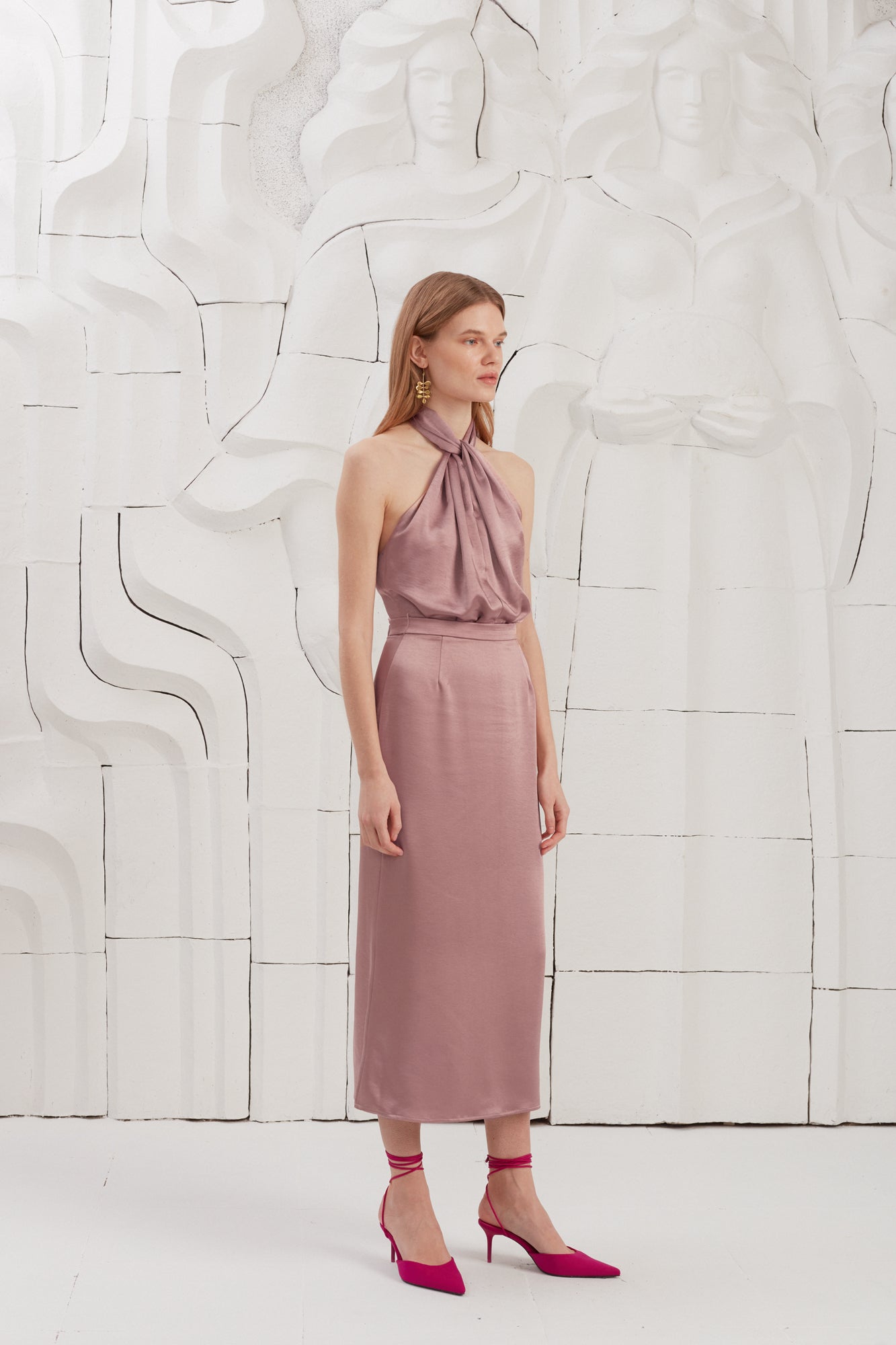 PAULA X Neckline Mauve Satin Evening Midi Dress