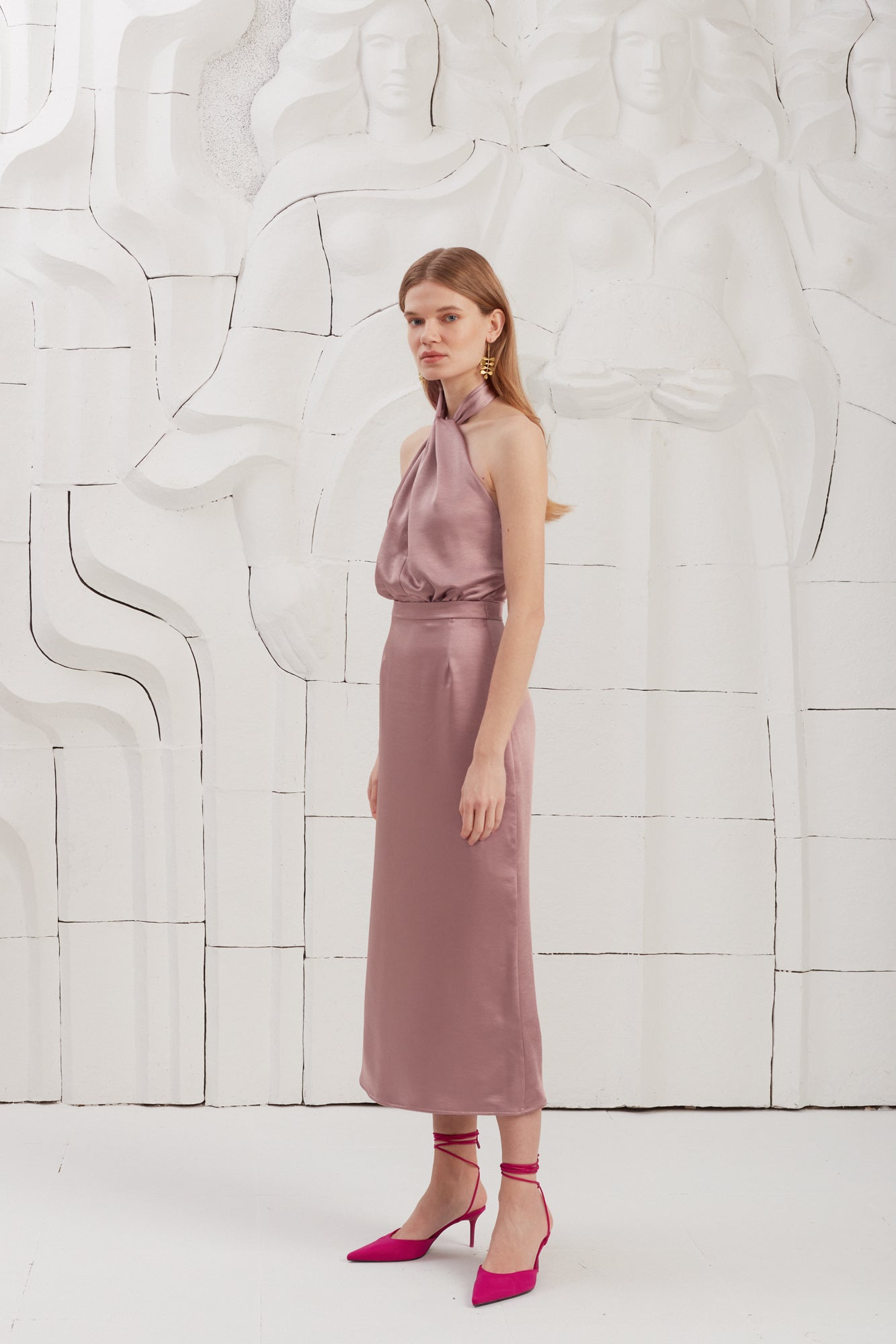 X Neckline Mauve Satin Midi Dress