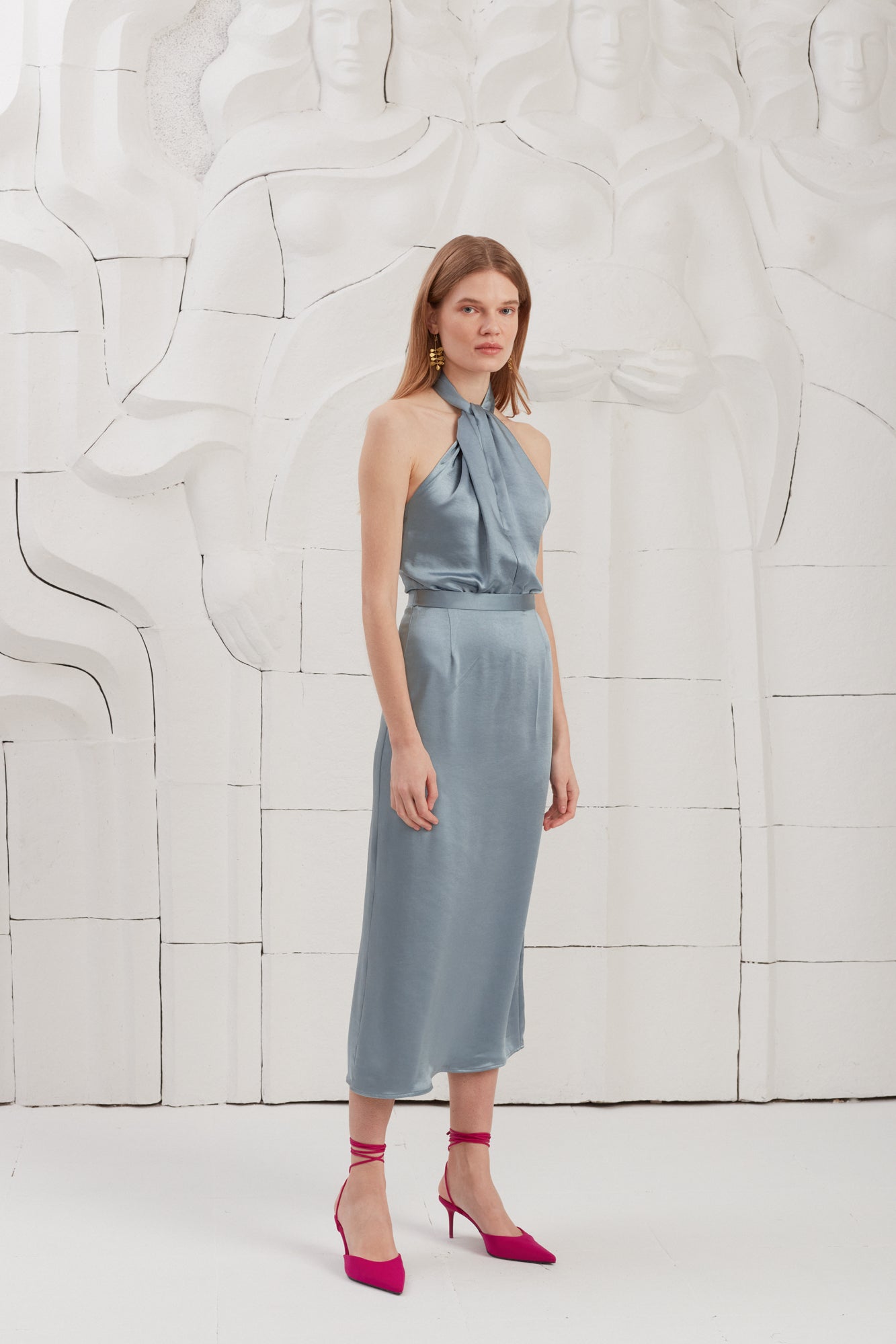 PAULA X Neckline Stone Blue Satin  Midi Dress