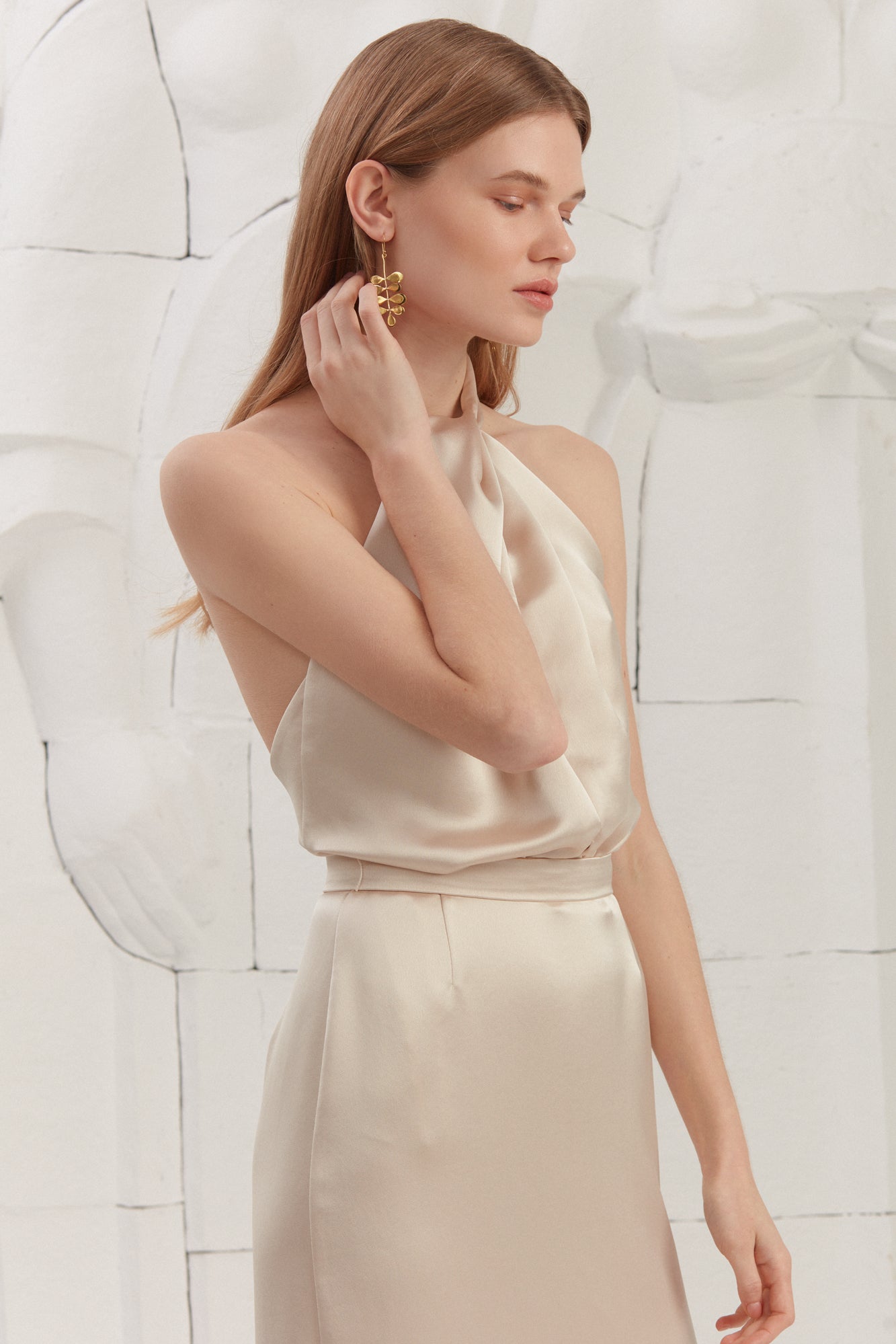 Paula X Neckline Champagne Satin Evening Midi Dress