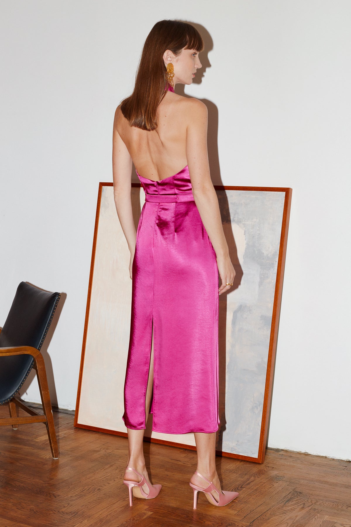 Paula X Neckline Magenta Pink Satin Evening Midi Dress