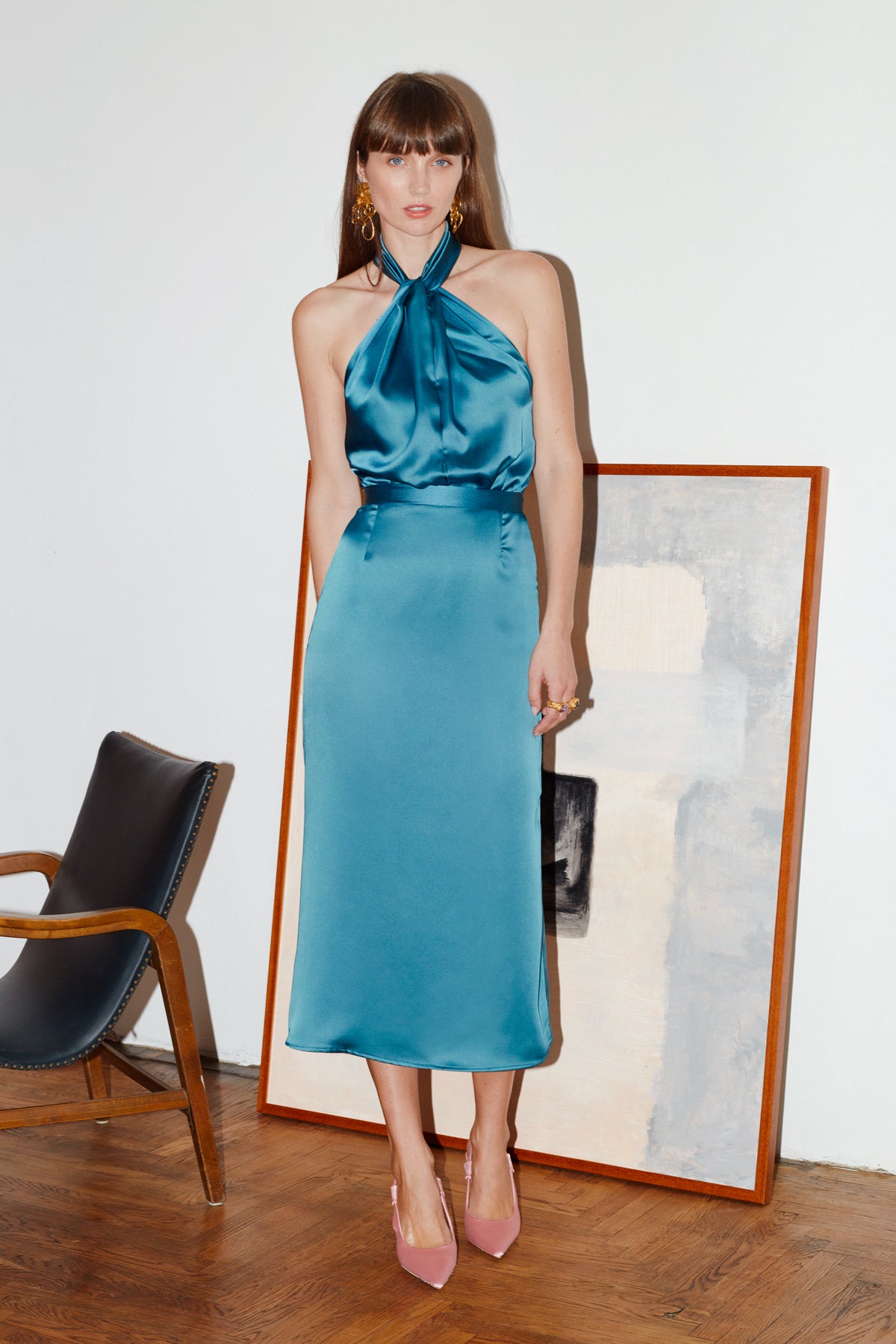 Paula X Neckline Petrol Blue Satin Evening Midi Dress