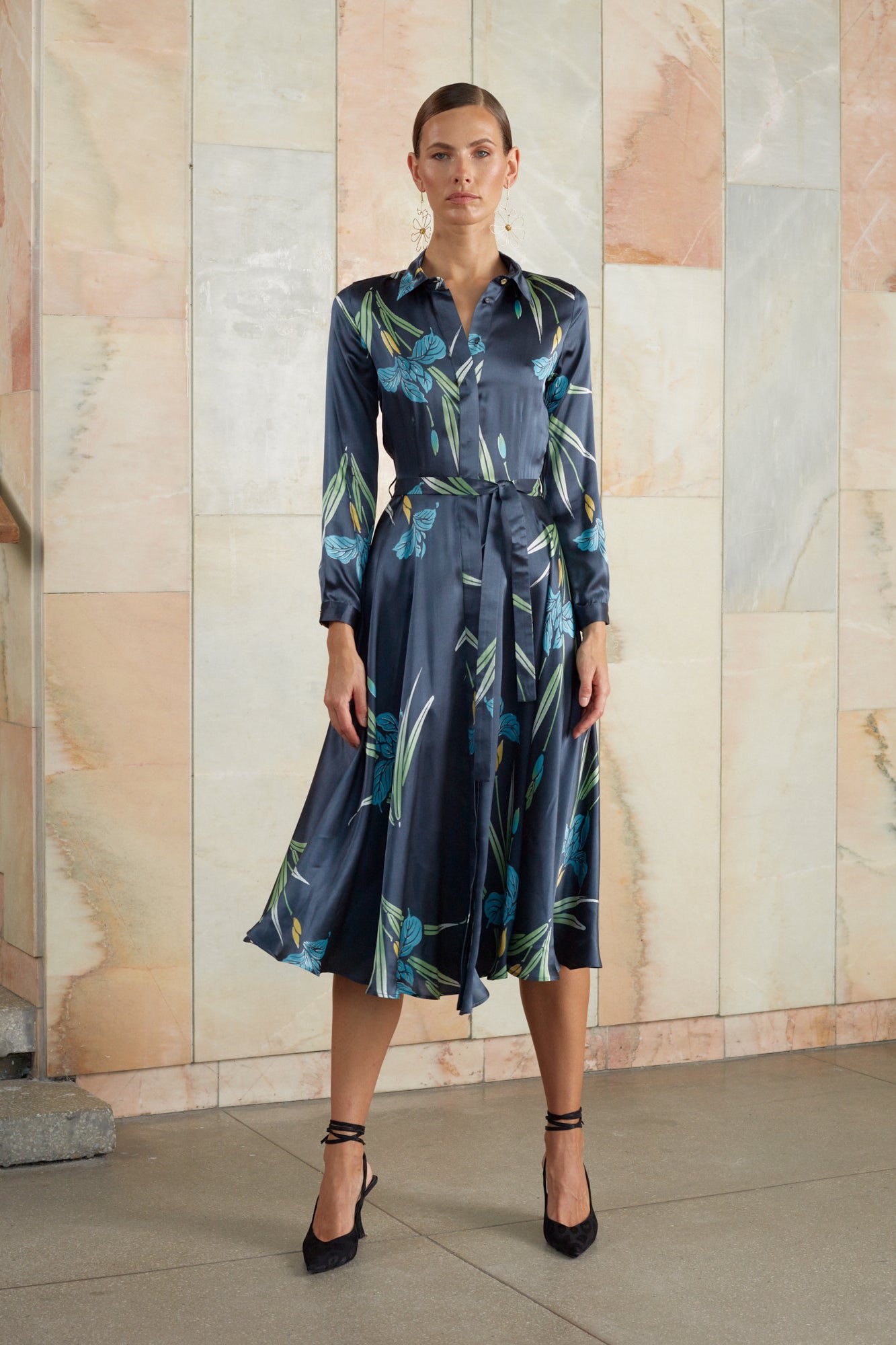 Floral silk midi shirt dress RAQUEL