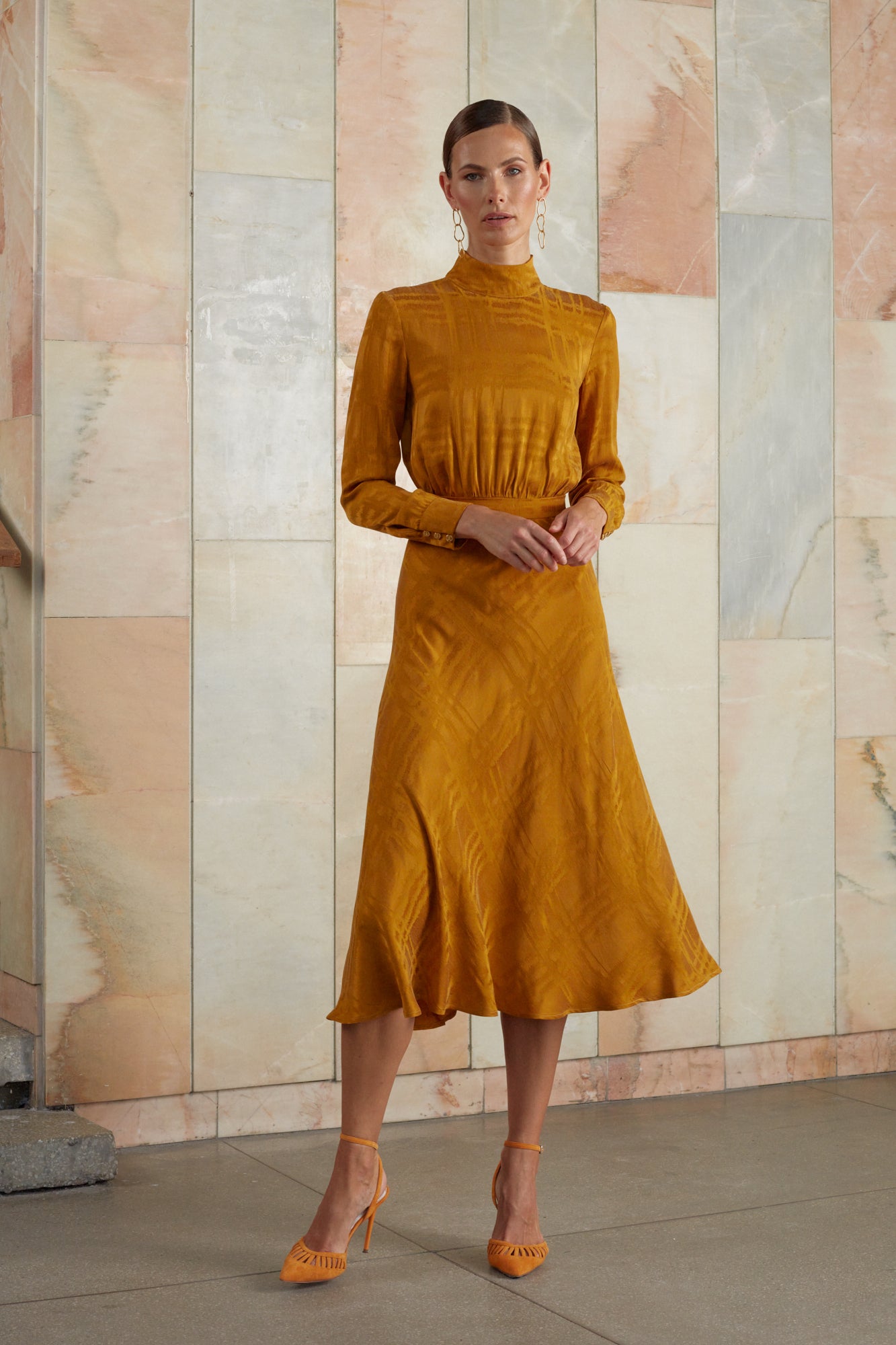 Orange midi turtlneck dress with round skirt