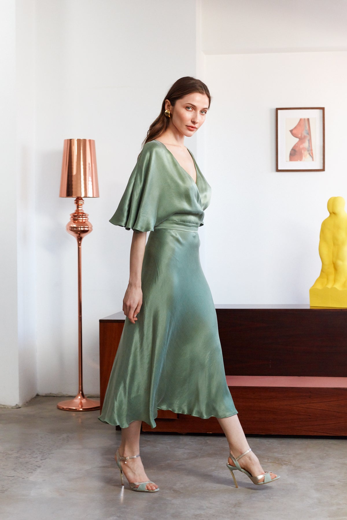 SONYA Fern Green Midi Dress With Butterfly Sleeves And Mermaid Skirt