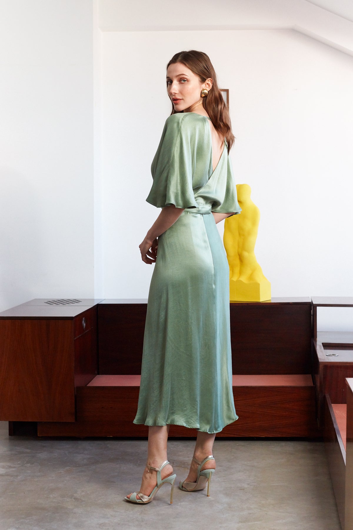 SONYA Fern Green Midi Dress With Butterfly Sleeves And Mermaid Skirt