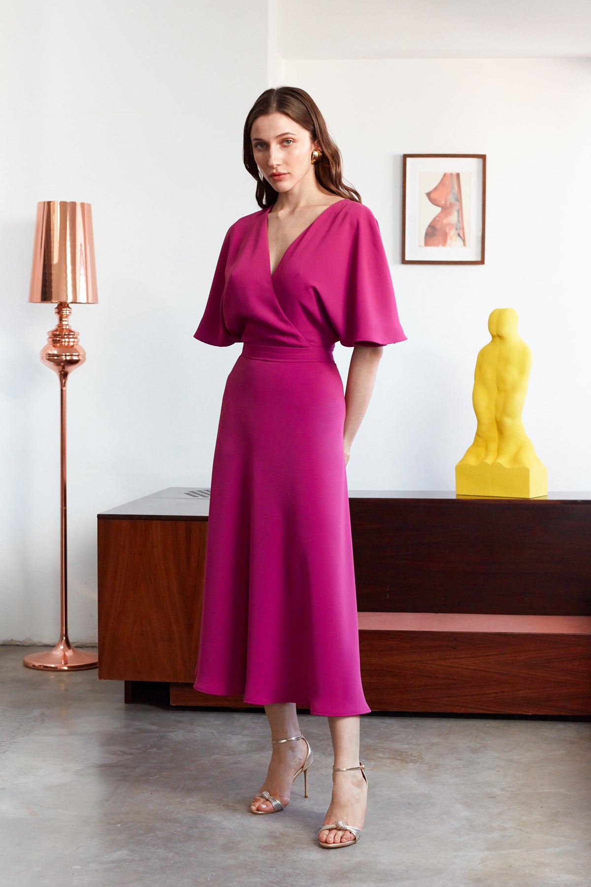 SONYA Fuchsia Midi Dress With Butterfly Sleeves And Mermaid Skirt