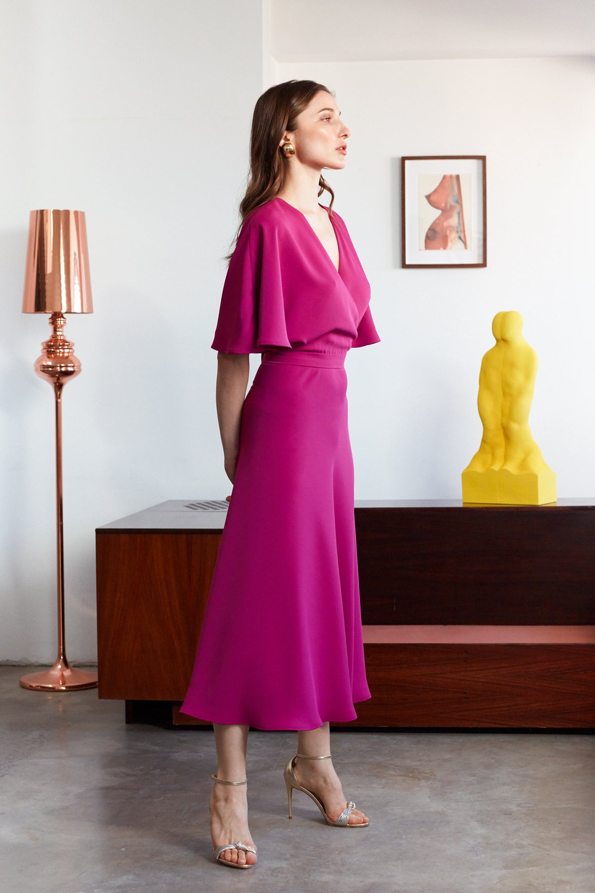 SONYA Fuchsia Midi Dress With Butterfly Sleeves And Mermaid Skirt