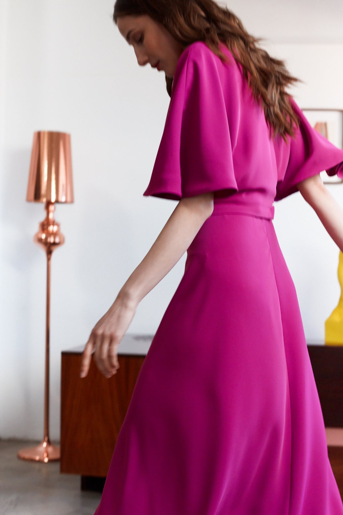 SONYA Fuchsia Midi Dress With Butterfly Sleeves And Mermaid Skirt