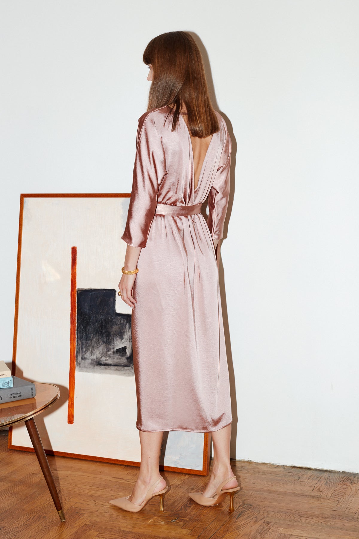 Sira Nude Satin Kimono Sleeve Midi Dress