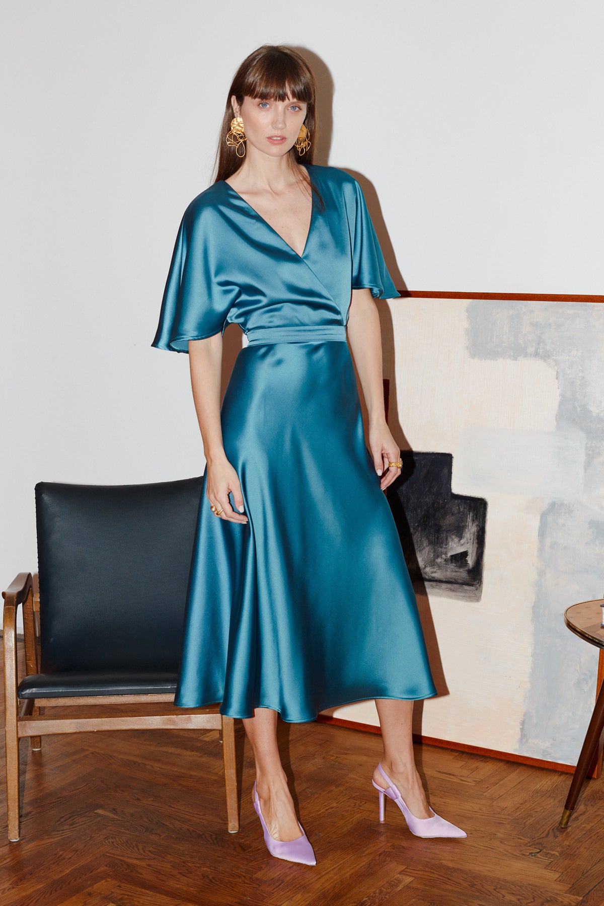 SONYA Petrol Blue Midi Dress With Butterfly Sleeves And Mermaid Skirt