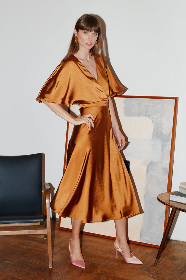 Sonya Tawny Brown Midi Dress With Butterfly Sleeves And Mermaid Skirt