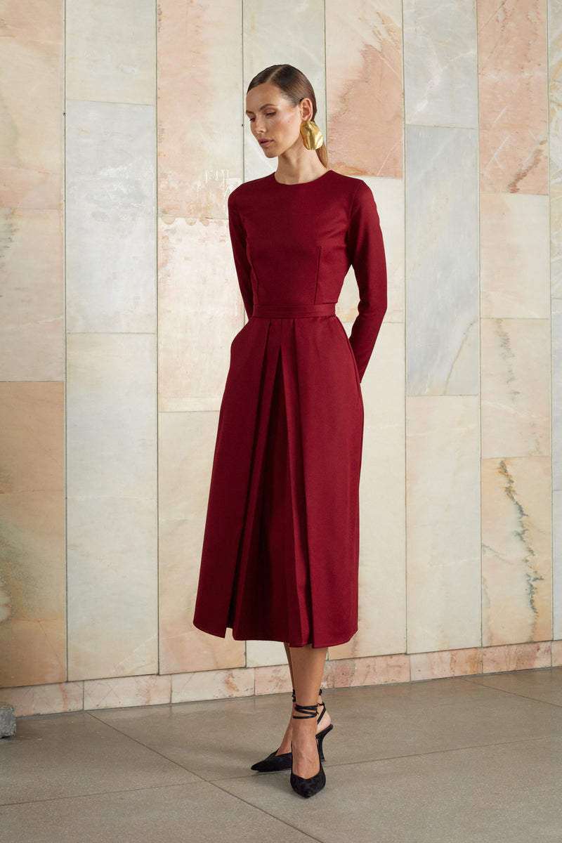 Red classic pleated skirt midi dress
