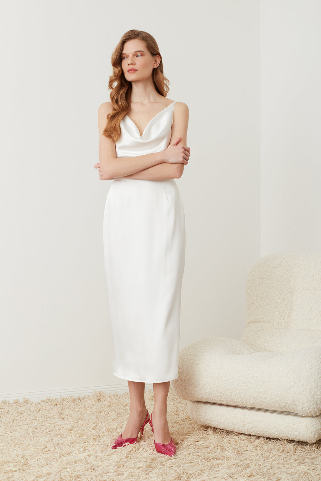knee length dresses for ladies White Satin Wedding Midi Dress KAMEA