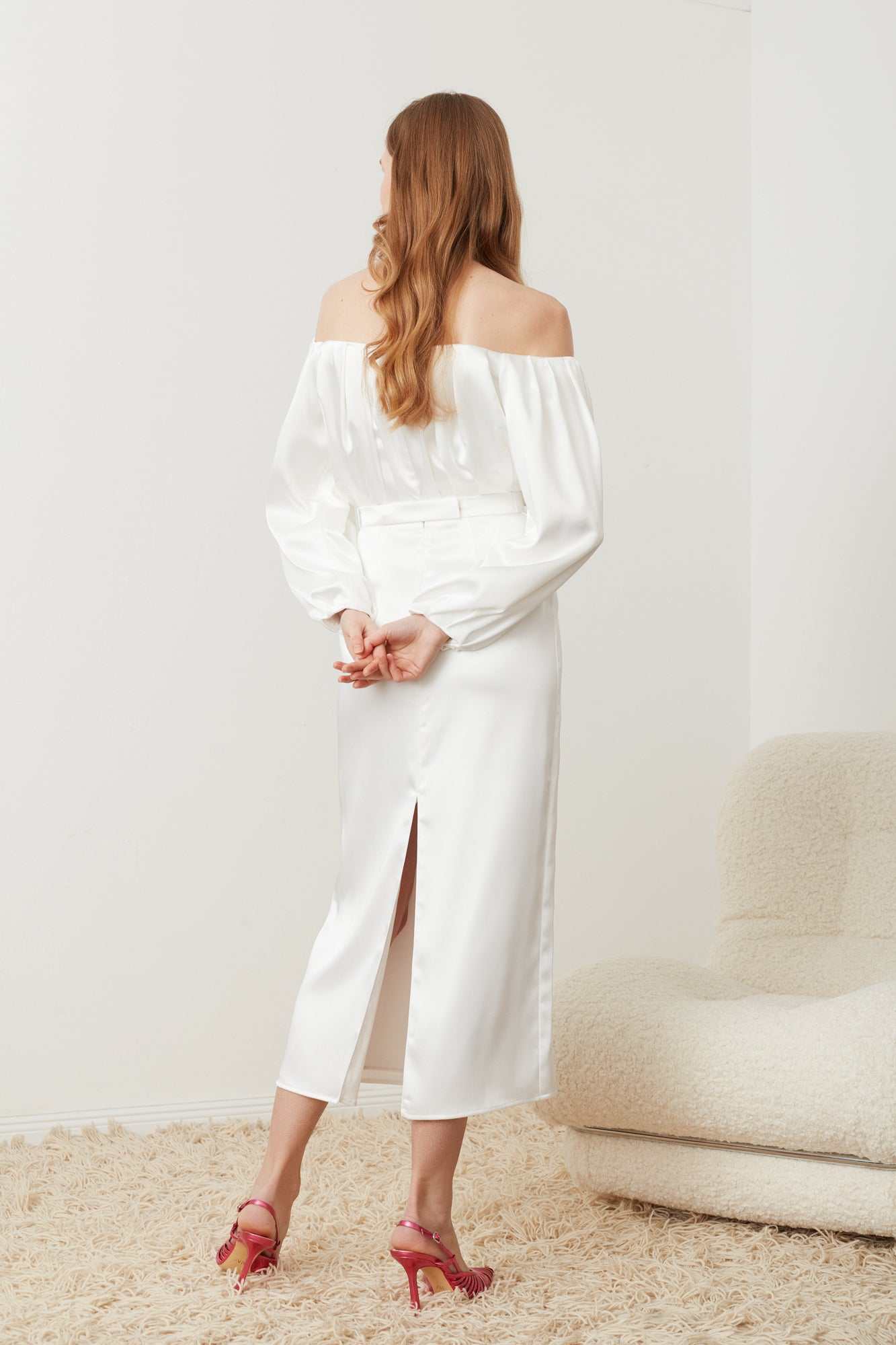 ALYA off shoulder pleated midi wedding dress