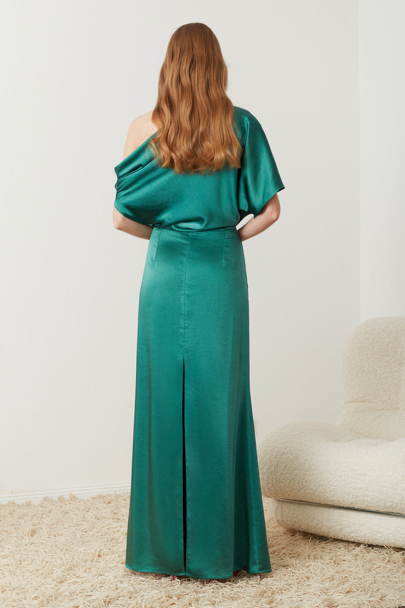 Handmade Teal green satin asymmetric dress HELEN