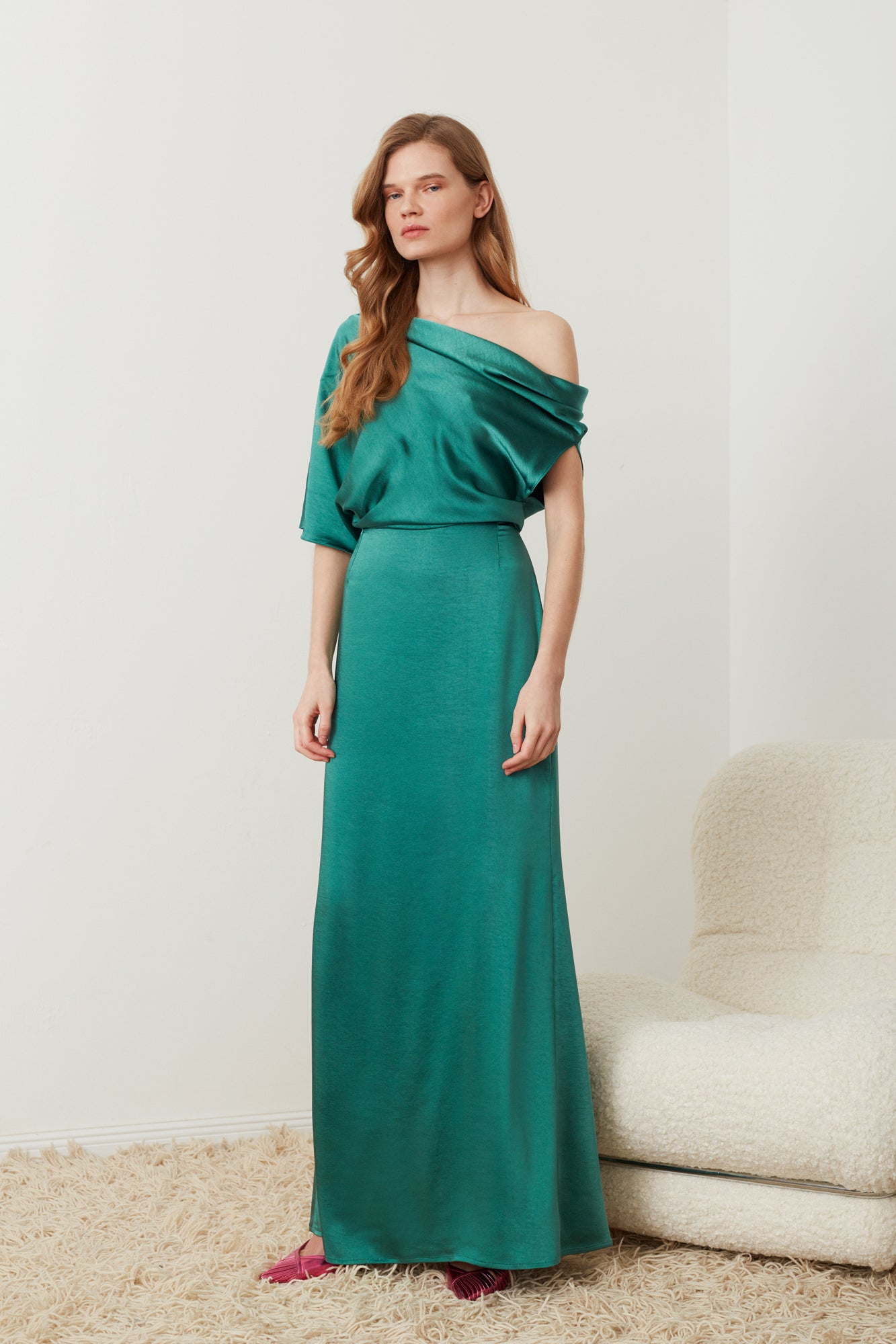 Teal green satin asymmetric evening maxi dress HELEN