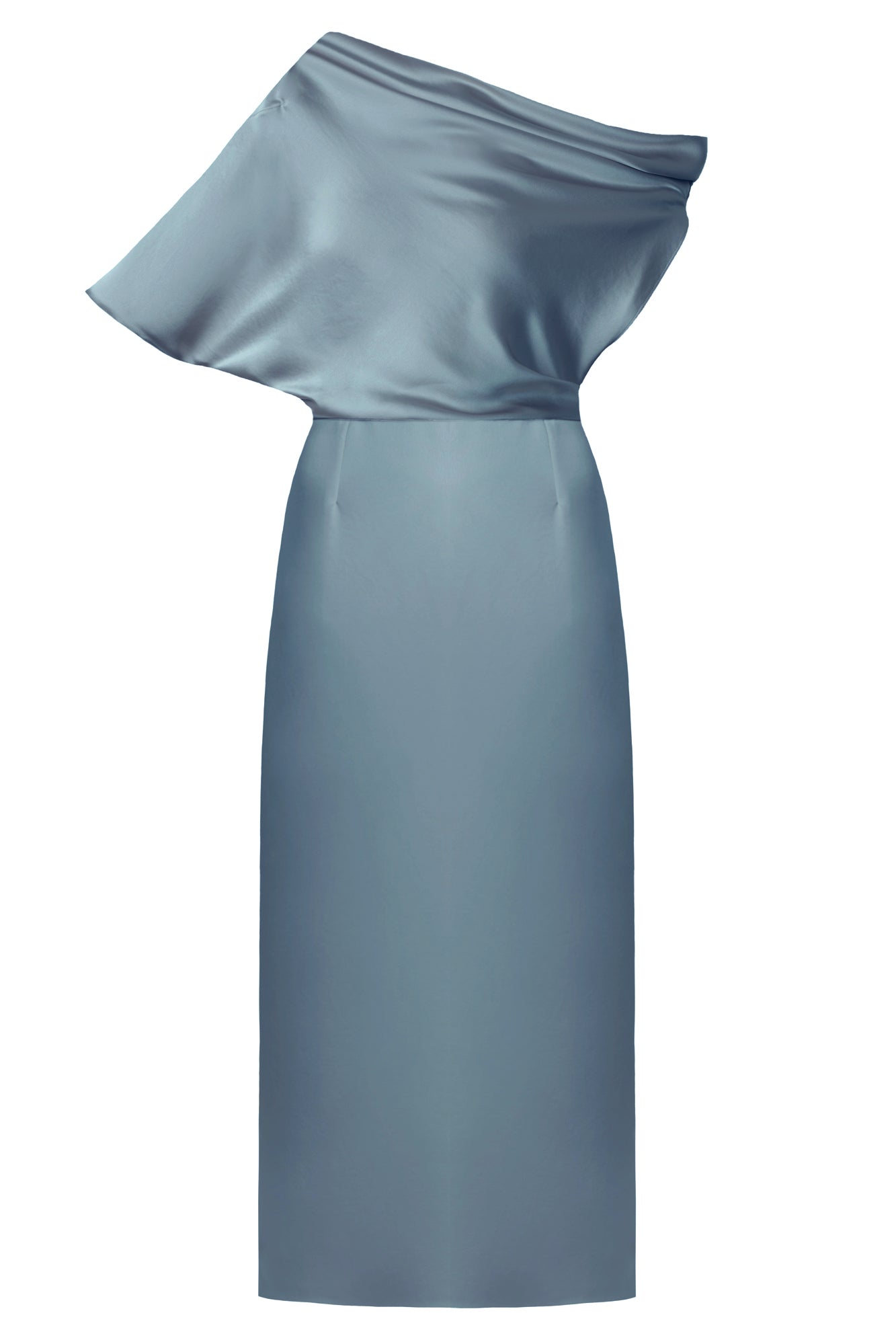 ILENE blue satin asymmetric midi evening dress