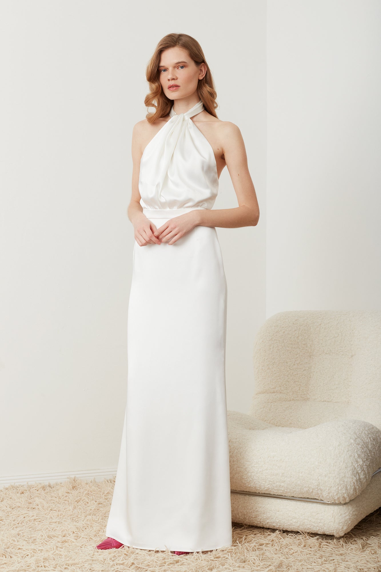 X neckline satin bridal dress