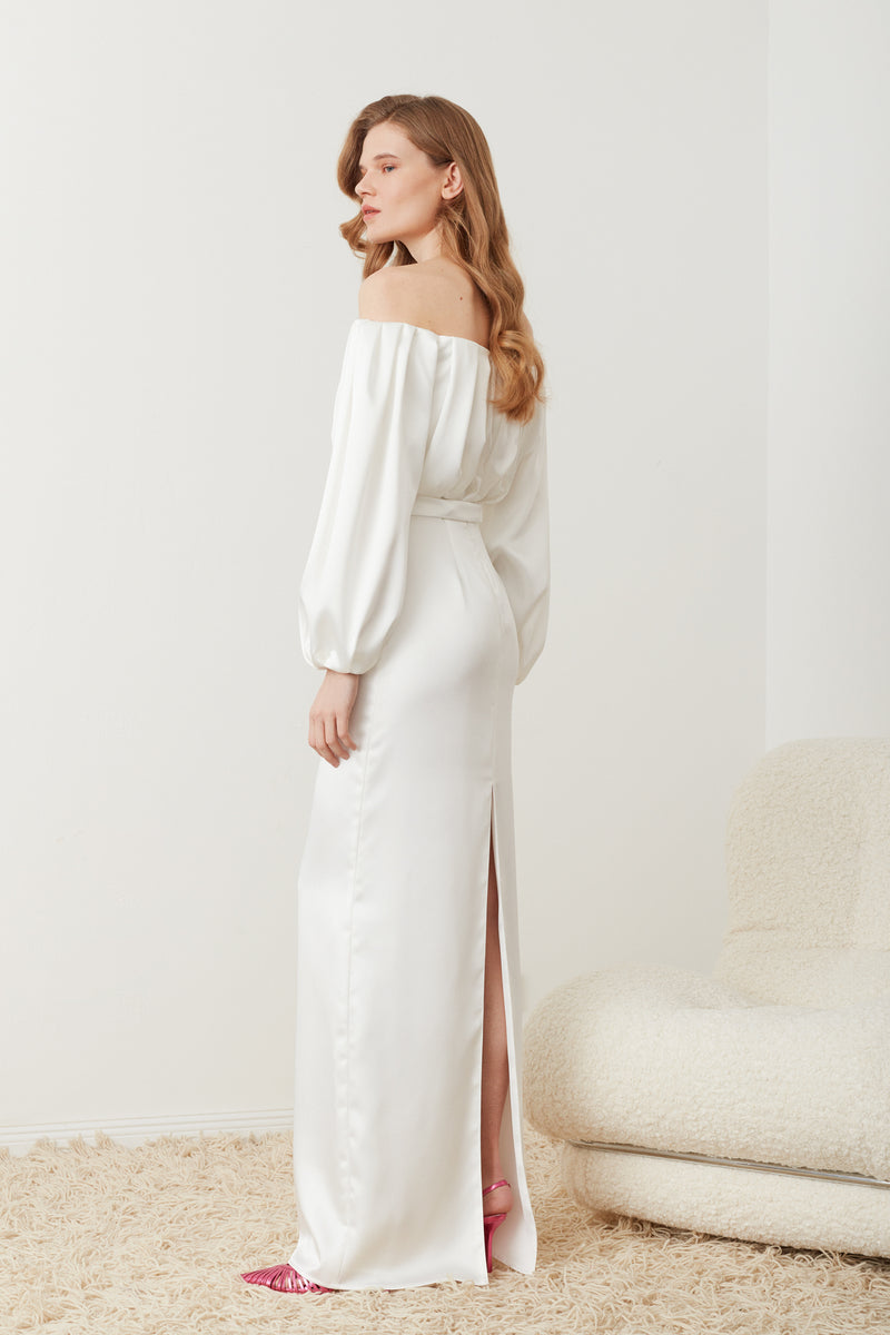 White Off Shoulder Wedding Dress with back slit