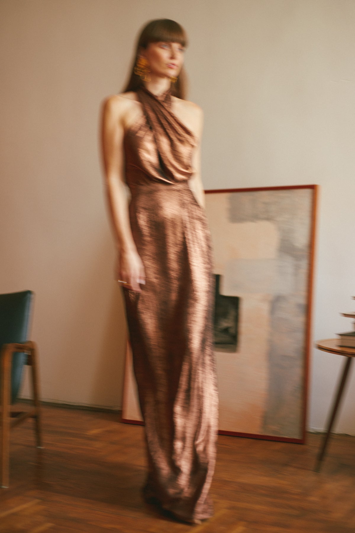 Aliur X Neckline Bronze Metallic Evening Maxi Dress