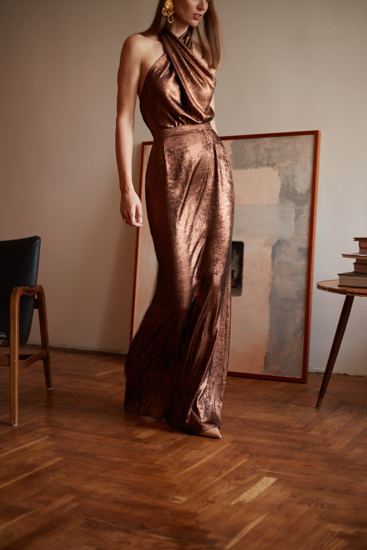 bronze metallic dress La Femme Jersey Prom 31208 / 00 style bodice with light gathering Metallic Bronze Asymmetrical Long Sleeve