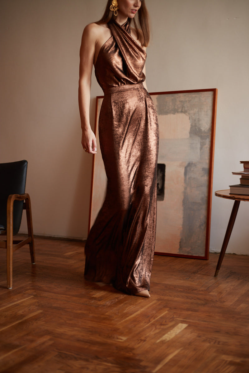 Aliur X Neckline Bronze Metallic Evening Maxi Dress