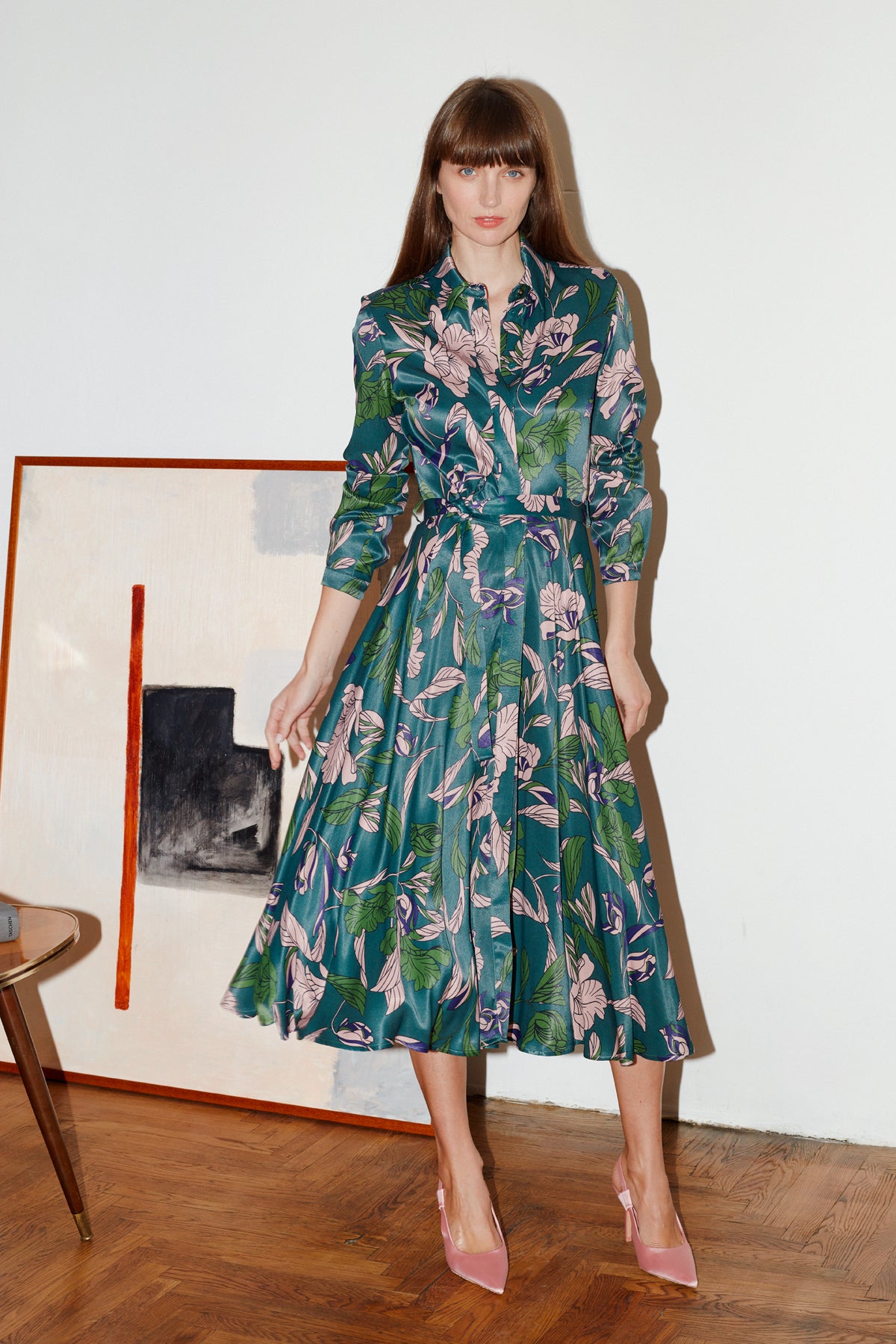 Floral printed green midi shirtdress BRUNA