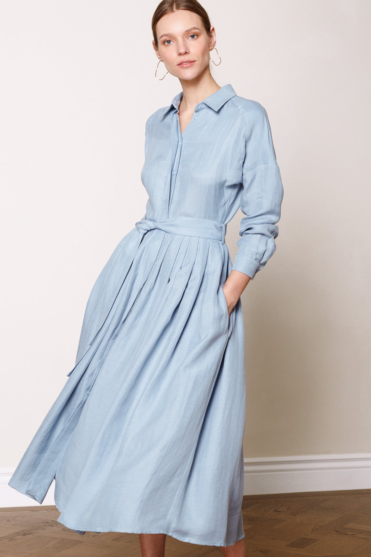 DYSANIA light blue pleated midi shirt dress