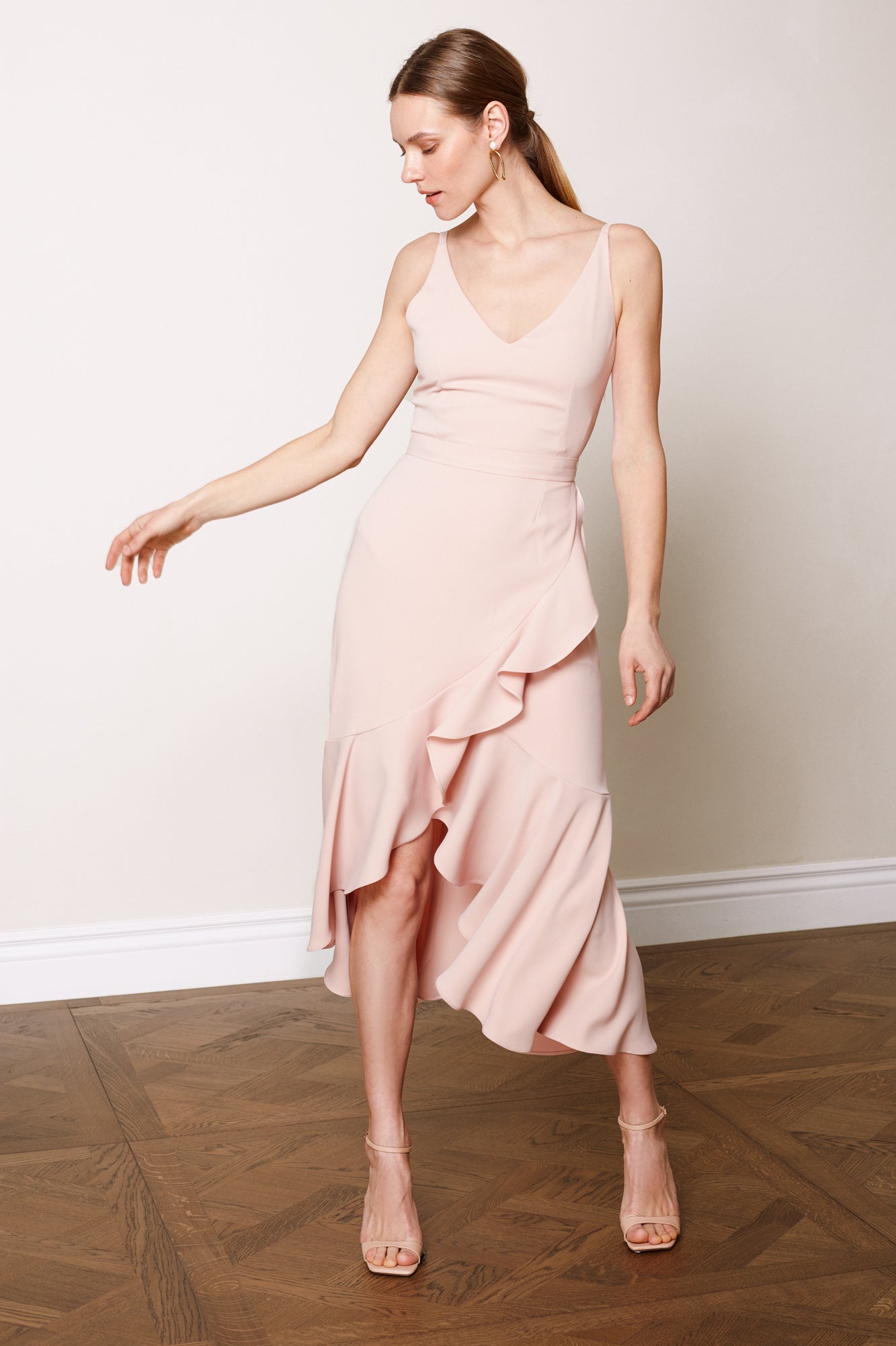 MAYA pastel pink bias frill midi dress