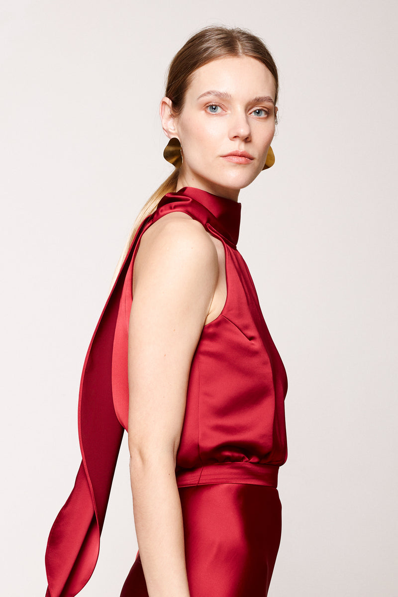 NOMA deep red midi cocktail dress with back ribbons