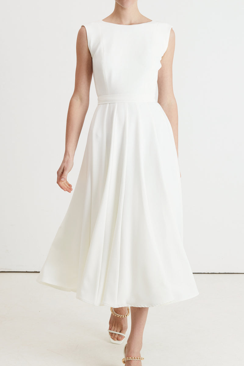 Elegant midi length pleatde skirt bridal dress