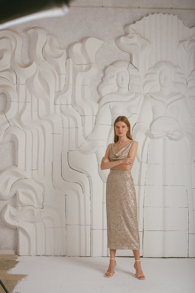 Elegant Silver sequin draped front dress 