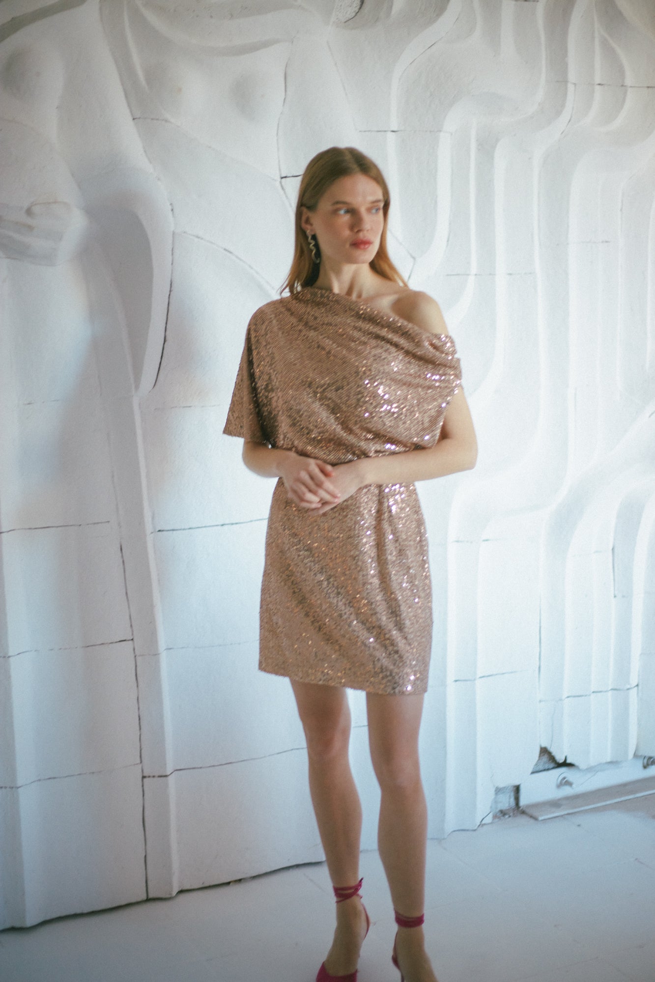 MARI nude sequin asymmetric mini dress