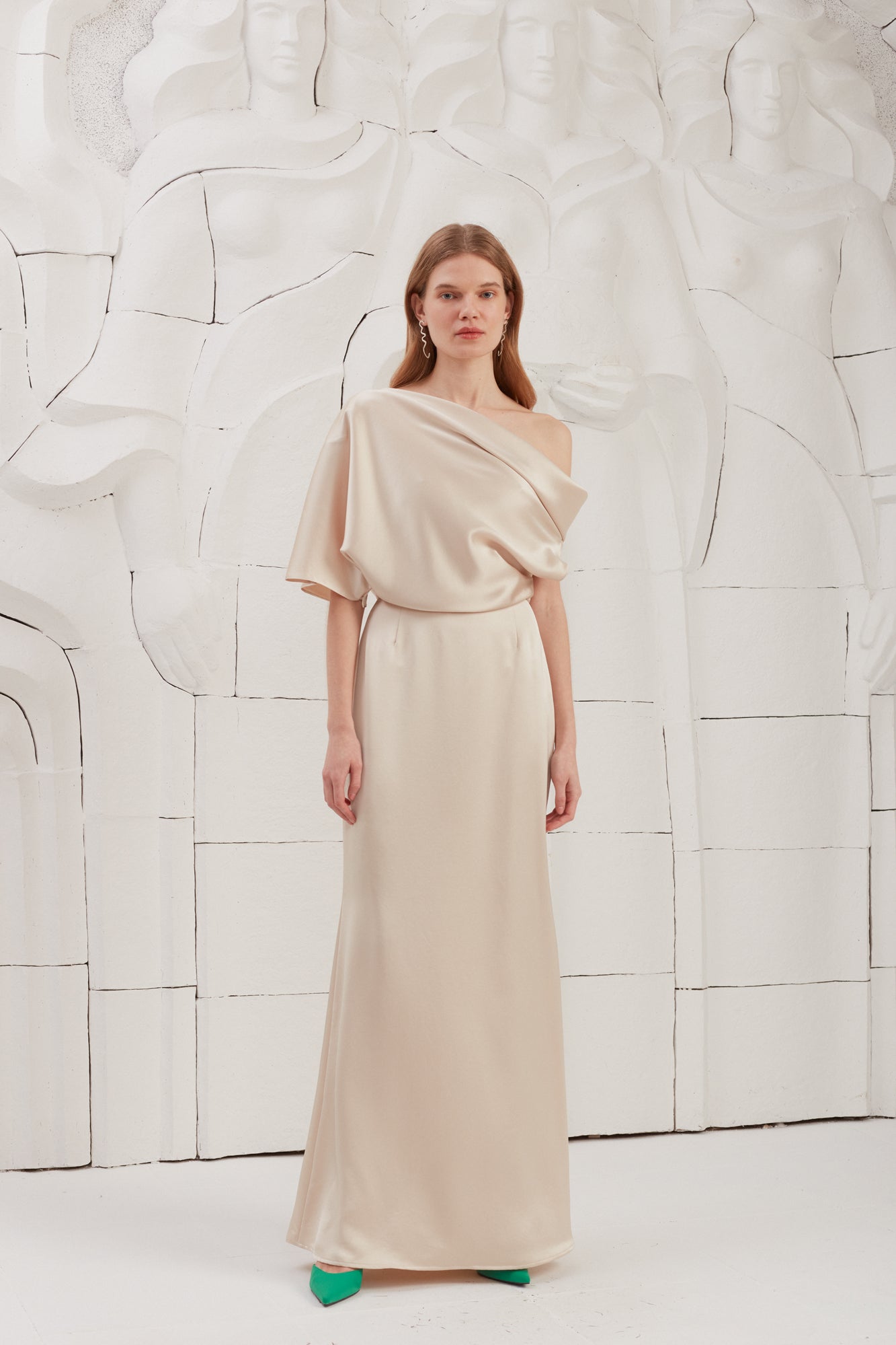 Champagne Satin Asymmetric Maxi Dress HELEN