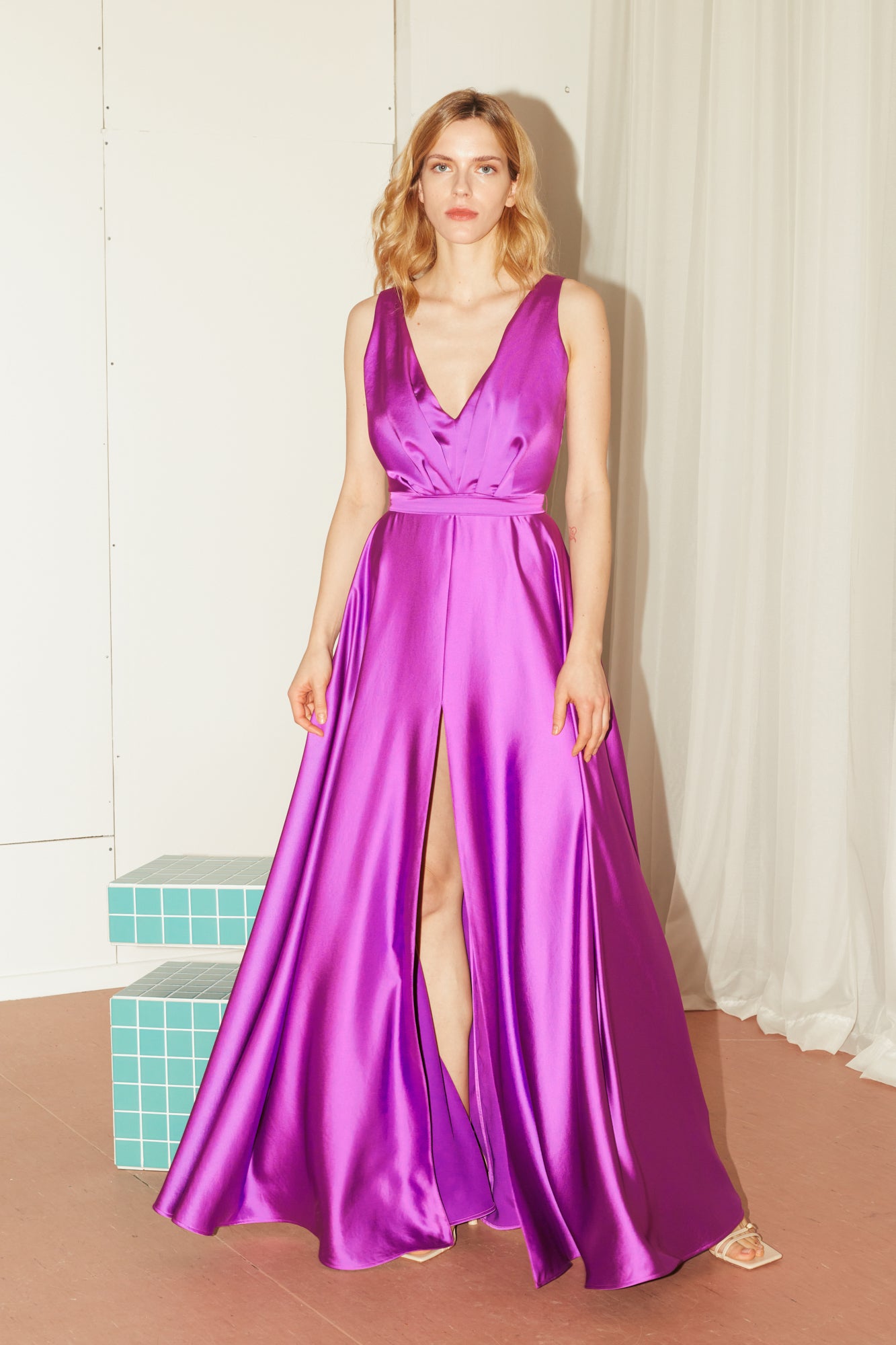 long flowing fuchsia dress