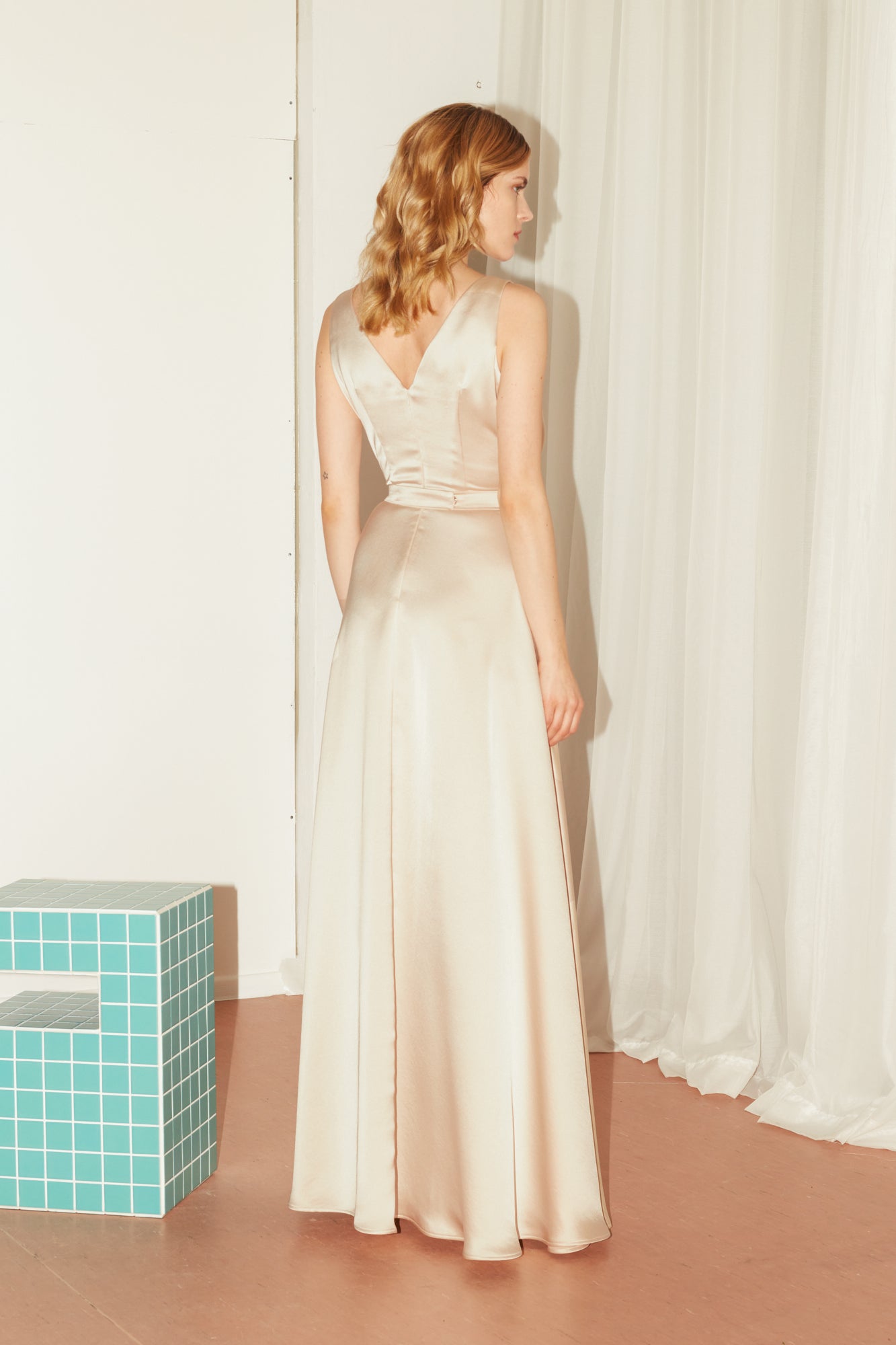 beige long wedding dress