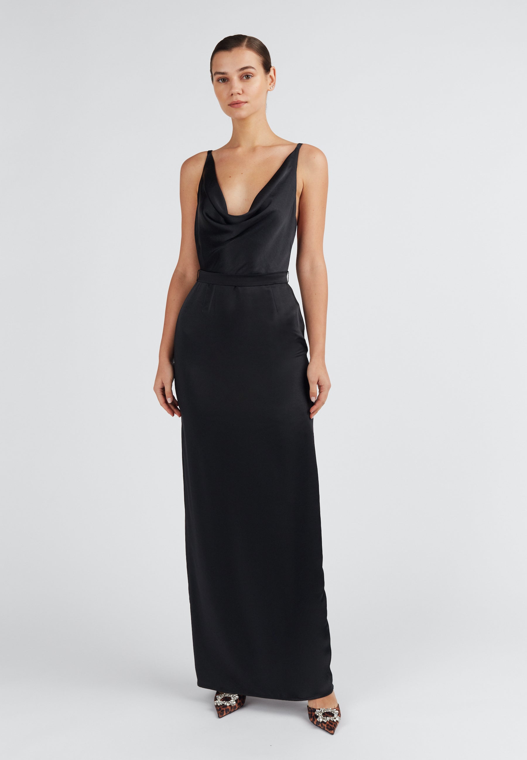 AMILA black open back maxi dress