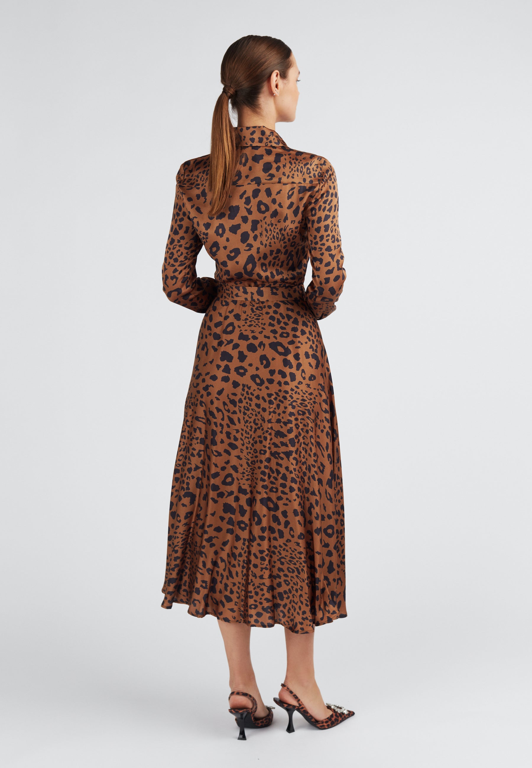 Brown black leopard shirt dress with round skirt