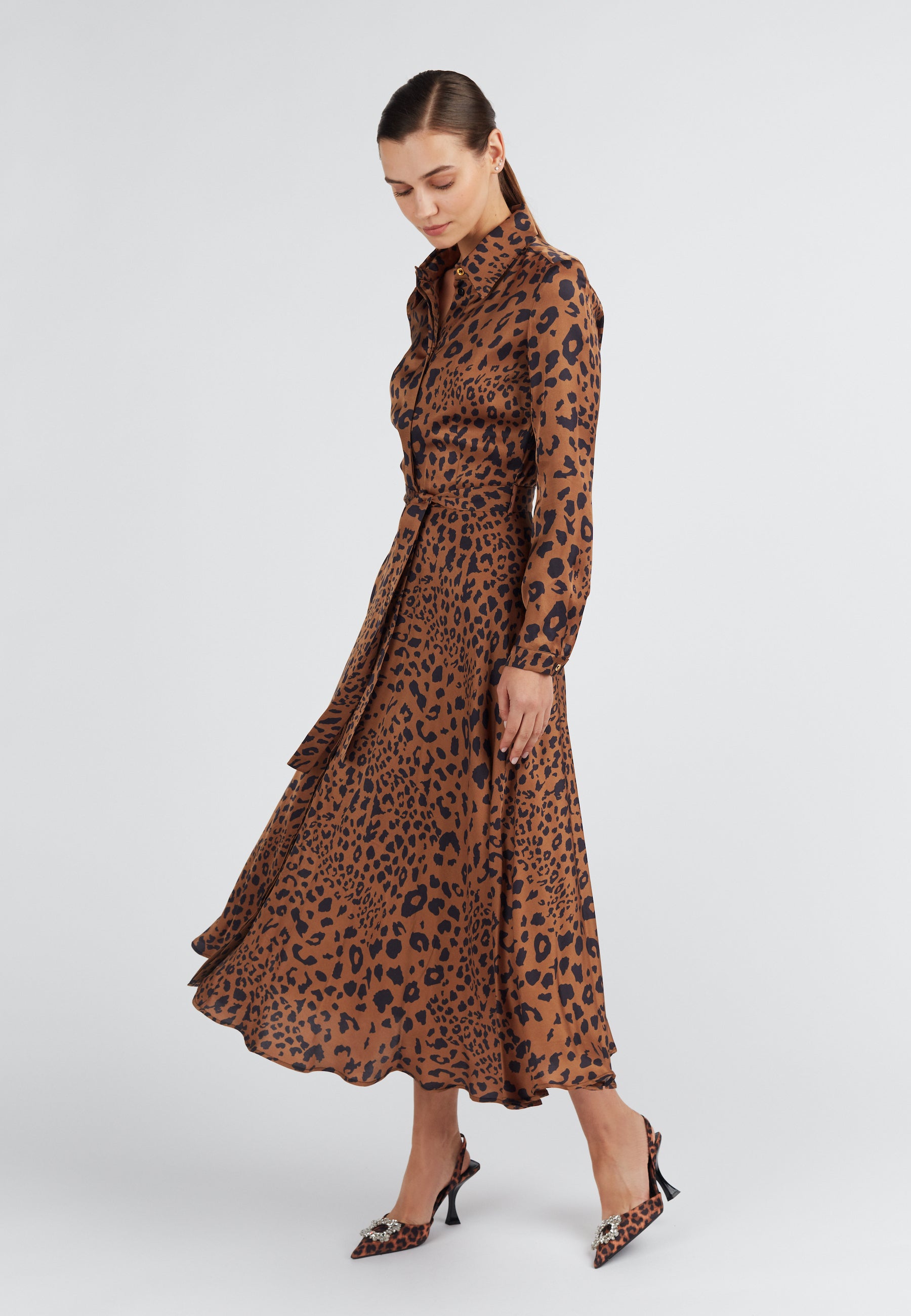 Brown black leopard print midi shirt dress BRENDA