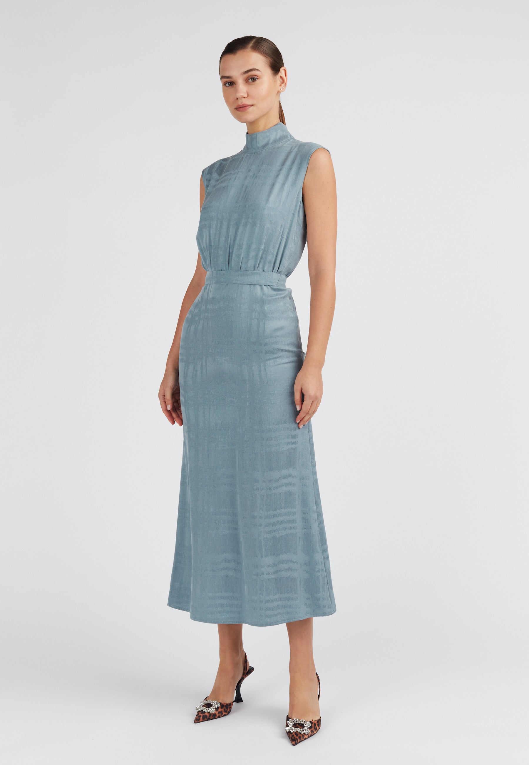 Elegant Stone blue turtleneck dress