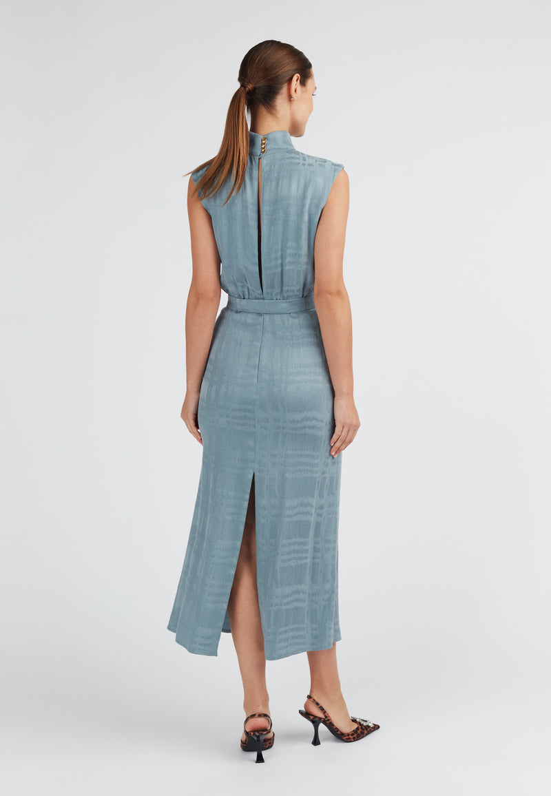 Stone blue turtleneck dress with back slit