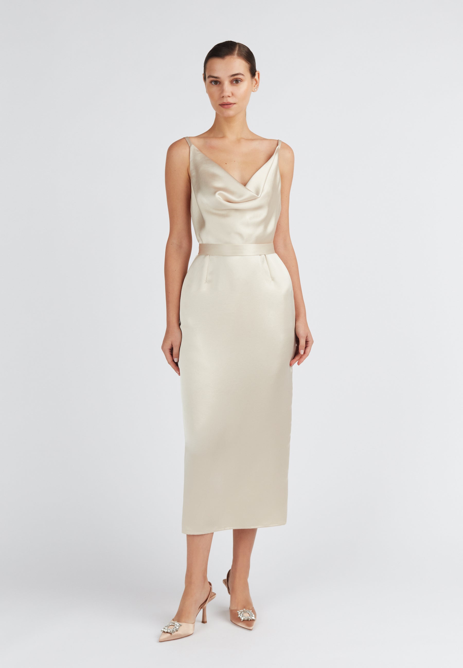  Elegant Champagne draped front midi dress KAMEA